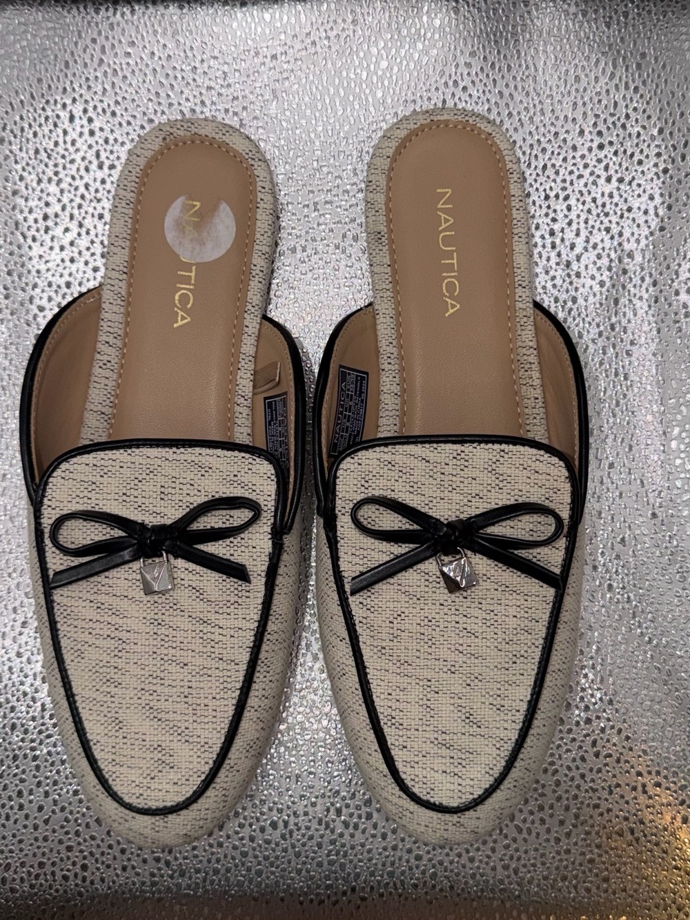Nautica Cream Slip-On Mules with Black Trim and Bow Accent - Picture 1 of 6
